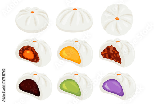 Salapao in various flavors on a white background