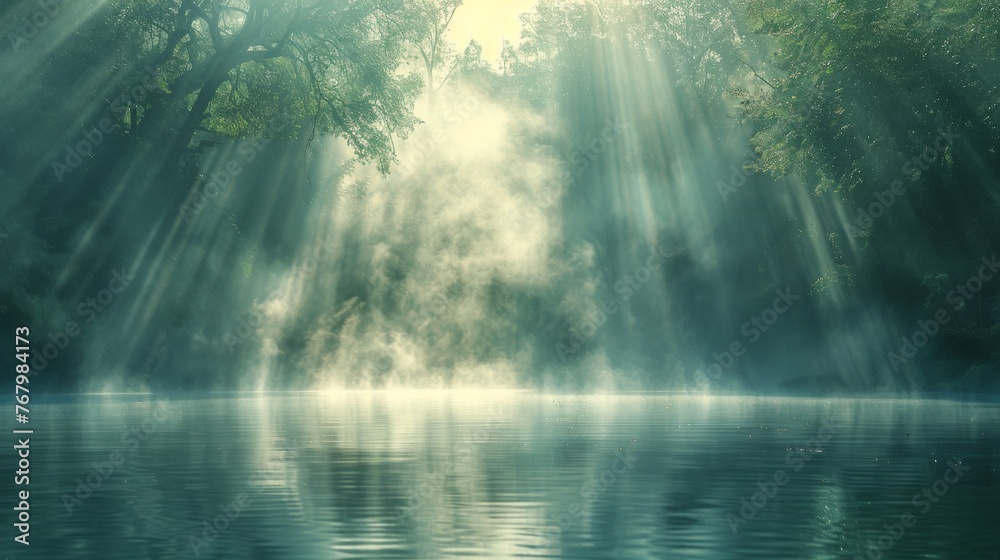 Mystical Sunrays Illuminating a Tranquil River in a Foggy Forest