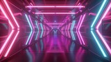 A vibrant neon-lit passage with pink and blue lights creating an immersive sci-fi atmosphere.