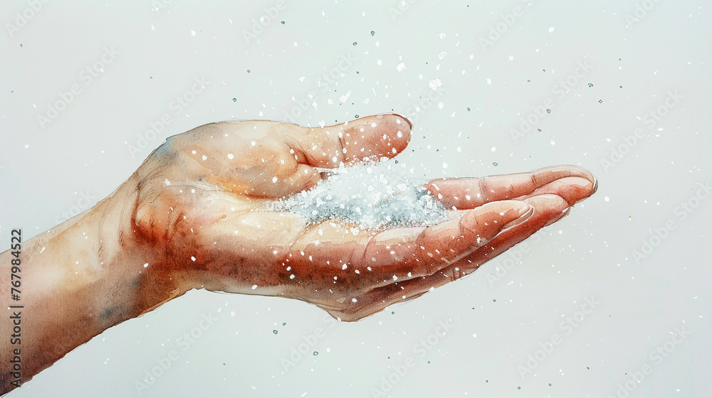 A depiction of a hand with watercolor snowflakes falling gently onto the palm symbolizing the cold element of winter and the quiet power of snow