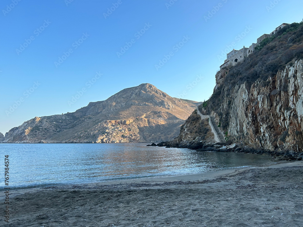 Natural landscape with panoramic view of Marmari, a sandy beach in Mani, Lakonia Peloponnese, Greece. 