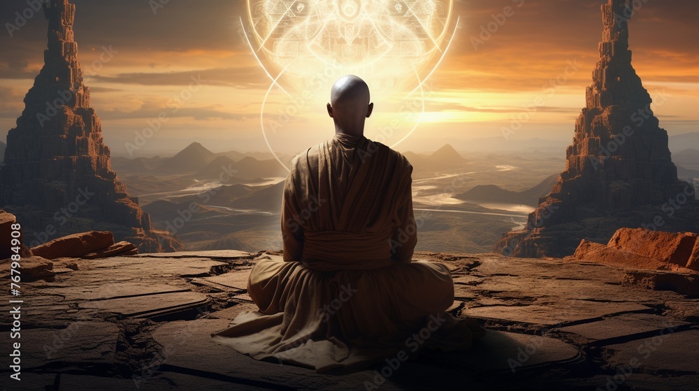 Cyber monk meditating tribal warfare background arid cyber landscape dawn light wideangle