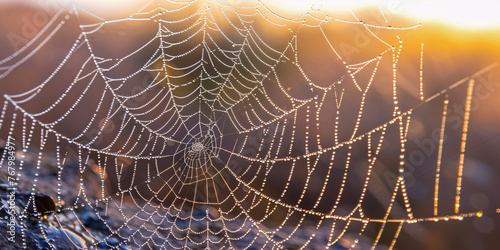 Morning Dew on Spider Web, Natures Trap Pattern, Macro Closeup of Autumn Insect Net