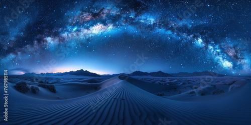 Stunning panoramic view of the Milky way galaxy over the desert with majestic sand dunes and mountains in the background