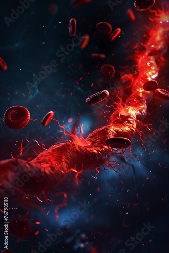 Stylized bloodstream with floating cholesterol particles glowing reds health challenge
