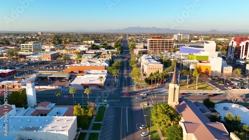 Mesa city center aerial view including Church of Jesus Christ of Latter day Saints and First United Methodist Church on Center Street at 1st Avenue at sunset, Mesa, Arizona AZ, USA.  photo