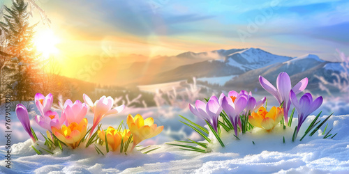 crocuses in various colors are blossoming on the snowcovered ground with a blue sky and sun rays. purple, pink, and yellow flowers on snowy landscape, winter flower themes, banner   © Planetz