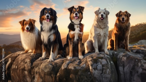 A group of five dogs are sitting on a rock, with one of them having a black nose