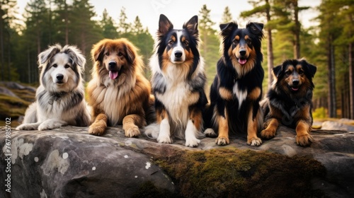 Five dogs of different colors are sitting on a rock