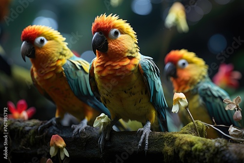 Colorful parrots interact in the lush jungle., generative IA