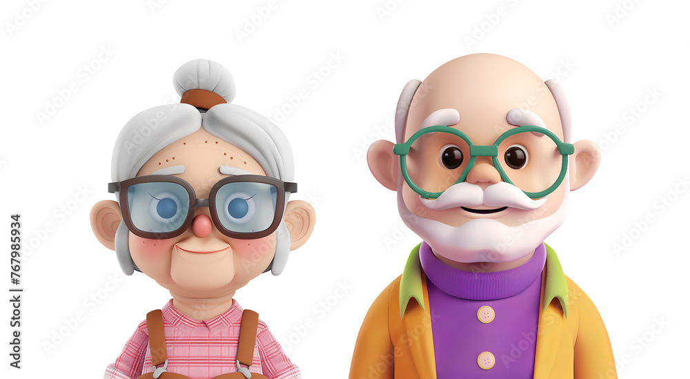 Grandmother, Grandfather, Old Man, Old Woman, Grandma, Grandpa in a Simple 3D Cartoon Render Set, Isolated on Transparent Background, PNG