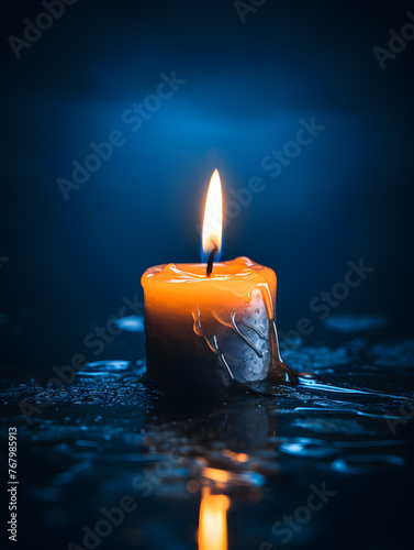 A candle burns in the dark