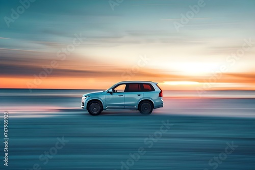 Abstracted movement of a contemporary SUV traveling on a concrete road at sunset by the sea. Concept Sunset Reflections, Coastal Drive, Contemporary SUV, Abstract Movement, Concrete Road © Anastasiia