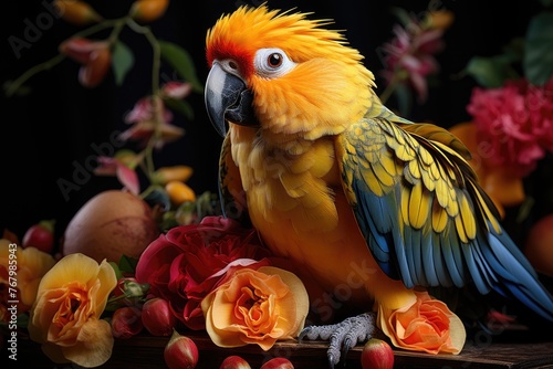 Parrot extracting nectar from tropical fruits., generative IA