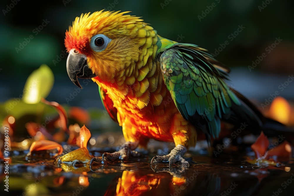 Curious parrot slopes to drink with pool., generative IA - obrazy, fototapety, plakaty 