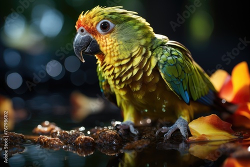 Curious parrot slopes to drink with pool., generative IA