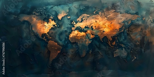 Abstract digital painting of a world map with contemporary brush strokes and overlays. Concept Abstract Art, Digital Painting, World Map, Contemporary, Brush Strokes