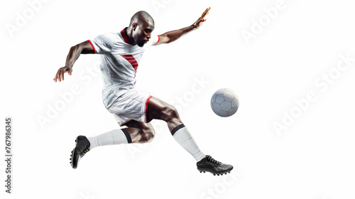 Football Player Strikes Ball Midair on White Background © Polypicsell