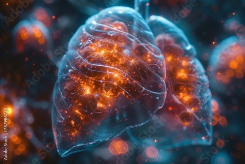  A futuristic 3D representation of targeted therapy for lung tumors, with advanced medical technology targeting tumor cells 