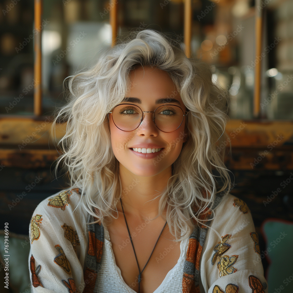 A delightful woman with a bright smile, trendy glasses, and vibrant attire exudes approachable coolness A delightful woman with a bright smile, trendy glasses, and vibrant attire exudes approachable coolness
