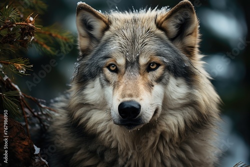 European Wolf contemplates mountainous landscape., generative IA