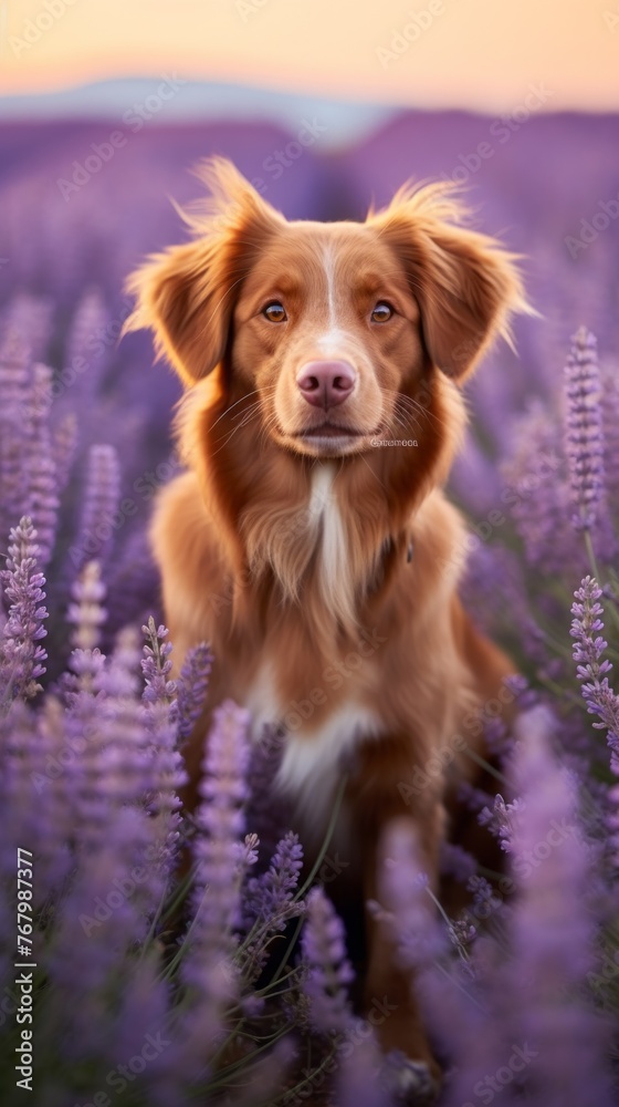 A brown and white dog is sitting in a field of purple flowers
