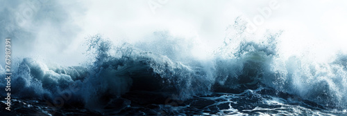 A powerful, large wave crashes in the ocean, creating a dramatic and forceful scene
