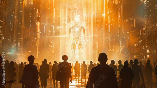 A digital artwork showing a group of humans gathered around a central AI figure a beacon of knowledge and guidance