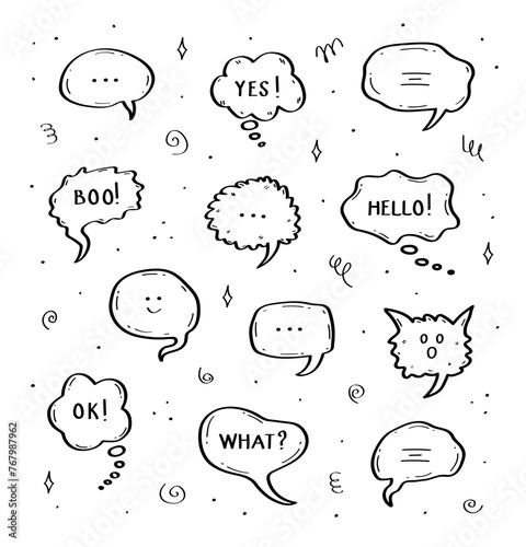 Vector bubbles hand drawn with hello, OK, yes, boo, what. Abstract lines and other doodle elements are hand drawn for conceptual design. A set of vector illustrations of icon templates for decoration.