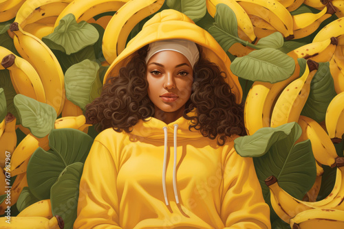 Beautiful girl with dark curly hair in yellow hoodie.