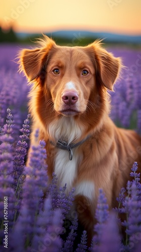 A brown dog is standing in a field of purple flowers