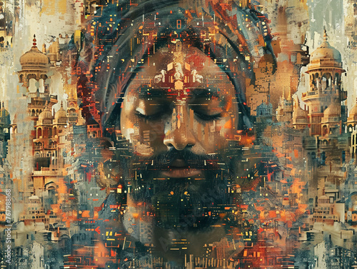 A digital tapestry featuring traditional religious art from around the world each piece seamlessly transitioning into a futuristic