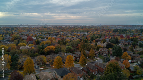 An aerial view of a colorful Suburban Town in the fall