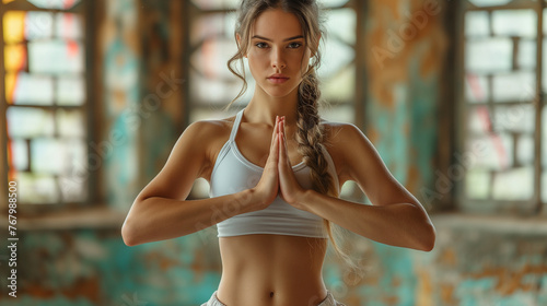 As she practices her martial arts forms, a disciplined warrior woman showcases her strength and agility, her sculpted abs and powerful torso moving with precision and grace, a true