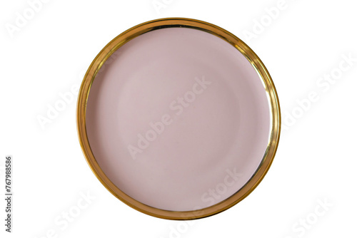 Top view of a minimalist pink ceramic plate with a shiny golden rim, isolated on white background, with ample space for text.