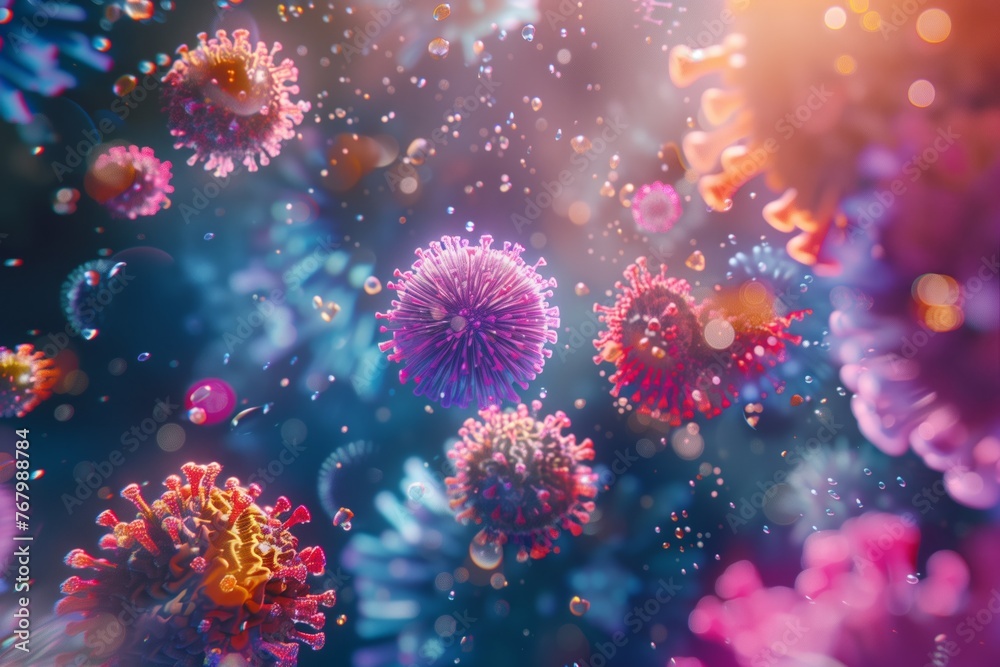 A microscopic view of a virus outbreak, floating cells, macro shot of the flu, covid, influenza. - obrazy, fototapety, plakaty 