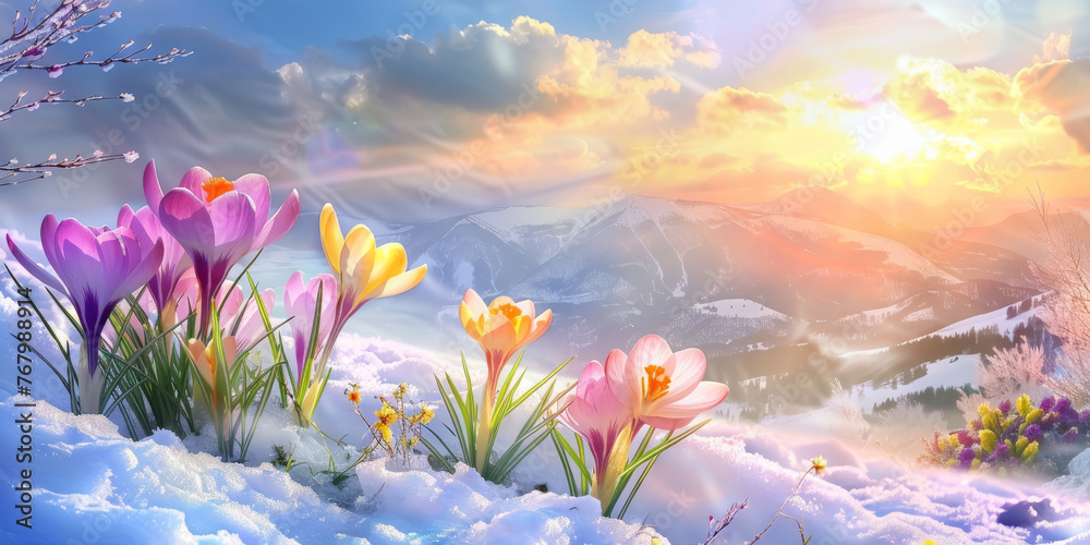 crocuses in various colors are blossoming on the snowcovered ground with a blue sky and sun rays. purple, pink, and yellow flowers on snowy landscape, winter flower themes, banner