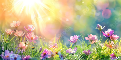  Beautiful spring meadow with grass and flowers in sunlight background banner, spring themed designs, nature projects, backgrounds, greeting cards, and floralthemed marketing materials. © Planetz