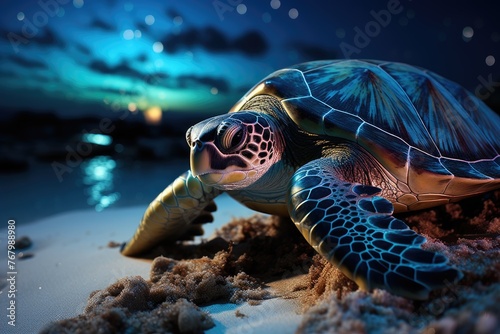 Marine turtle spawning eggs under the full moon., generative IA photo