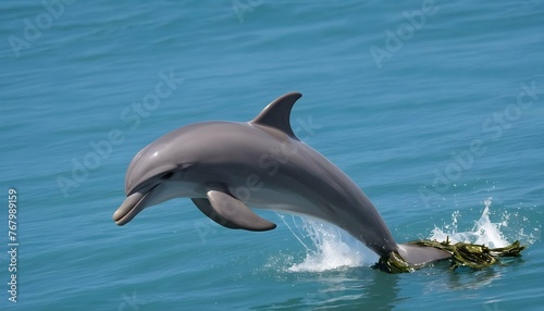 A Playful Dolphin Tossing A Piece Of Seaweed In Th