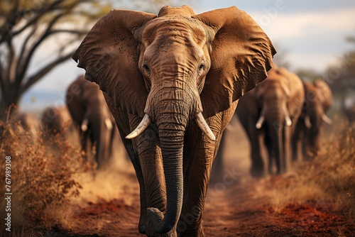 African elephant in harmony with his group.  generative IA