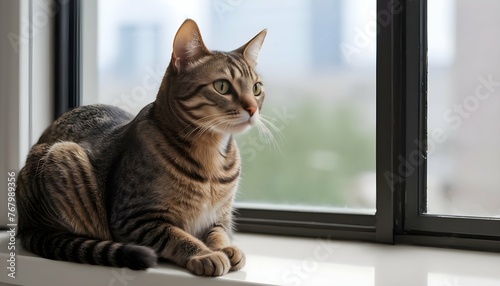 A Sleek Tabby Cat Perched On A Windowsill
