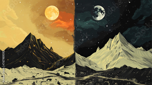 the sun is in the left sky and the moon is in the right sky. The sky is dark at night. The mountains are presented in beige and black to contrast with the sky. Animals and plants retain their bright  photo