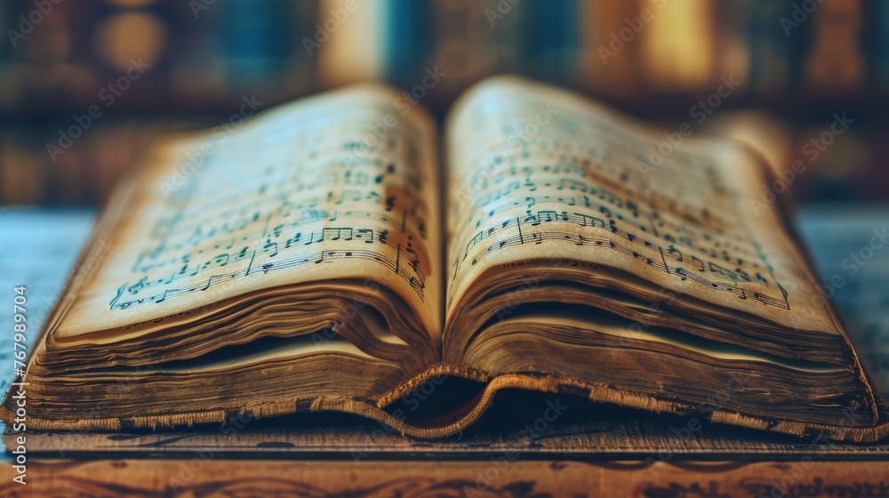 Obraz premium Detailed close-up of a music book filled with sheet music and notes, essential for music education and learning.