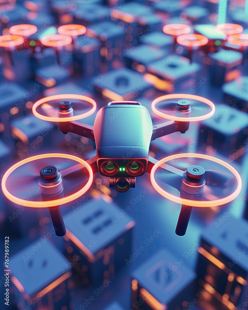 Fototapeta premium Innovative 3D Tech Hub illustration, neonlit, with drones and AI technology , 3D render