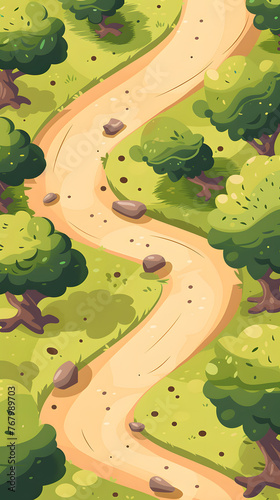 Cartoon style drawing path from bottom to the top, with grass with , trees and  bushes. Top view illustration map for 2D game art photo