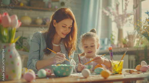 er and daughter sit at a table, painting Easter eggs with brushes and paints in pastel colors. In the style of stock photography, they sit in a modern room with Easter decorations around them 