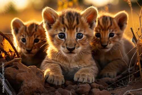 Lion puppies exploring rocks in the African savannah., generative IA