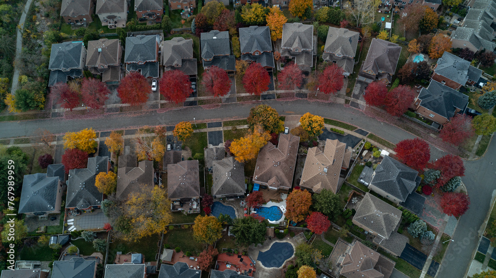 An aerial view of a colorful Suburban Street in the fall