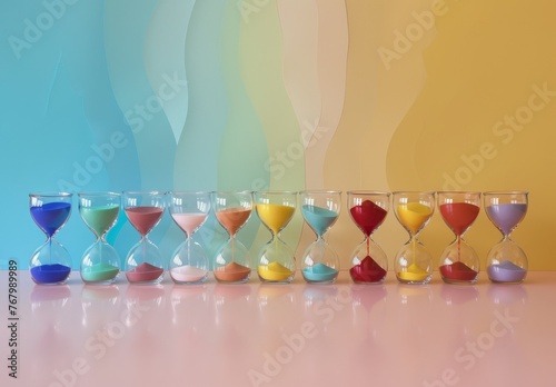 different colored sands, hourglass, in front of light colored backgrounds, modern decoration photo